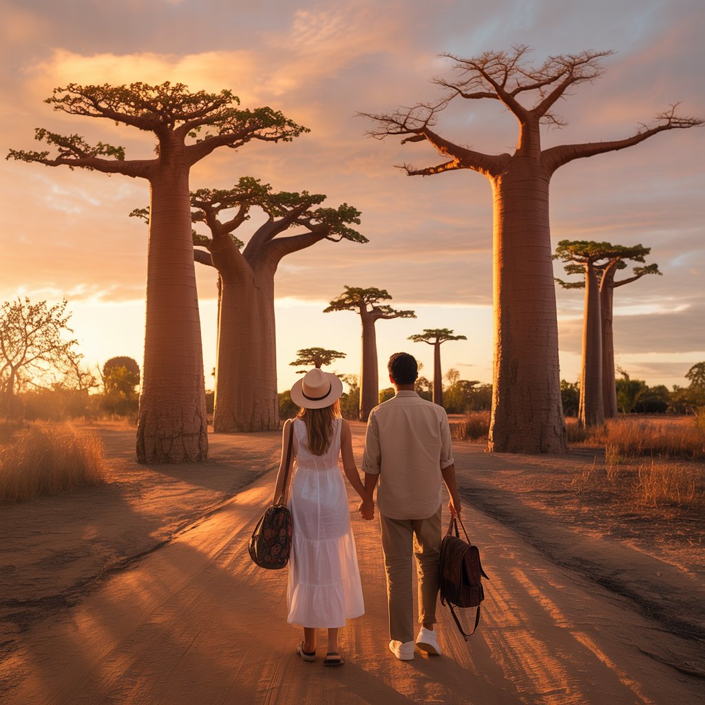 coppia-in-tour-del-Madagascar-nel-viale-dei-baobab